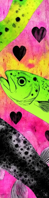 Free printable fish bookmark featuring neon green and black fish with black hearts